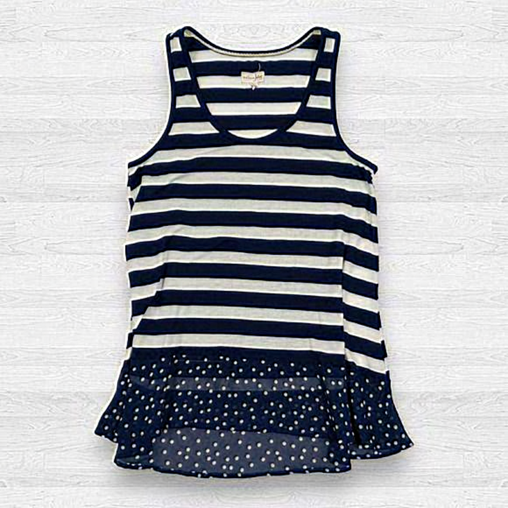 Maison Jules‎ Women's Navy Blue White Striped Polka Dot Hem Tank Top Size L